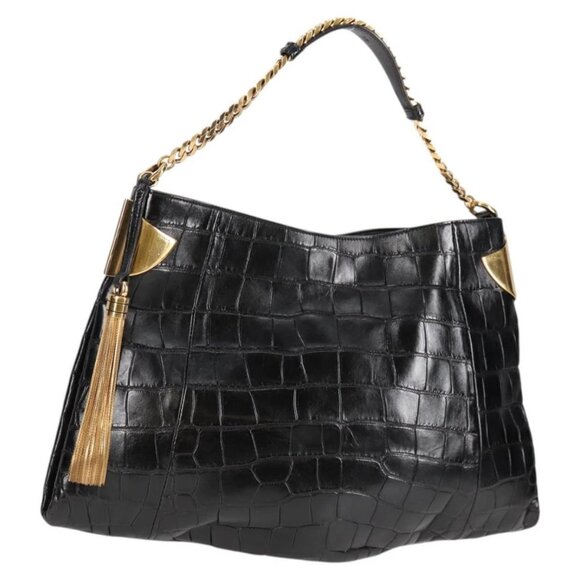 GUCCI Chain Shoulder Bag Leather Black Gold - Picture 1 of 16